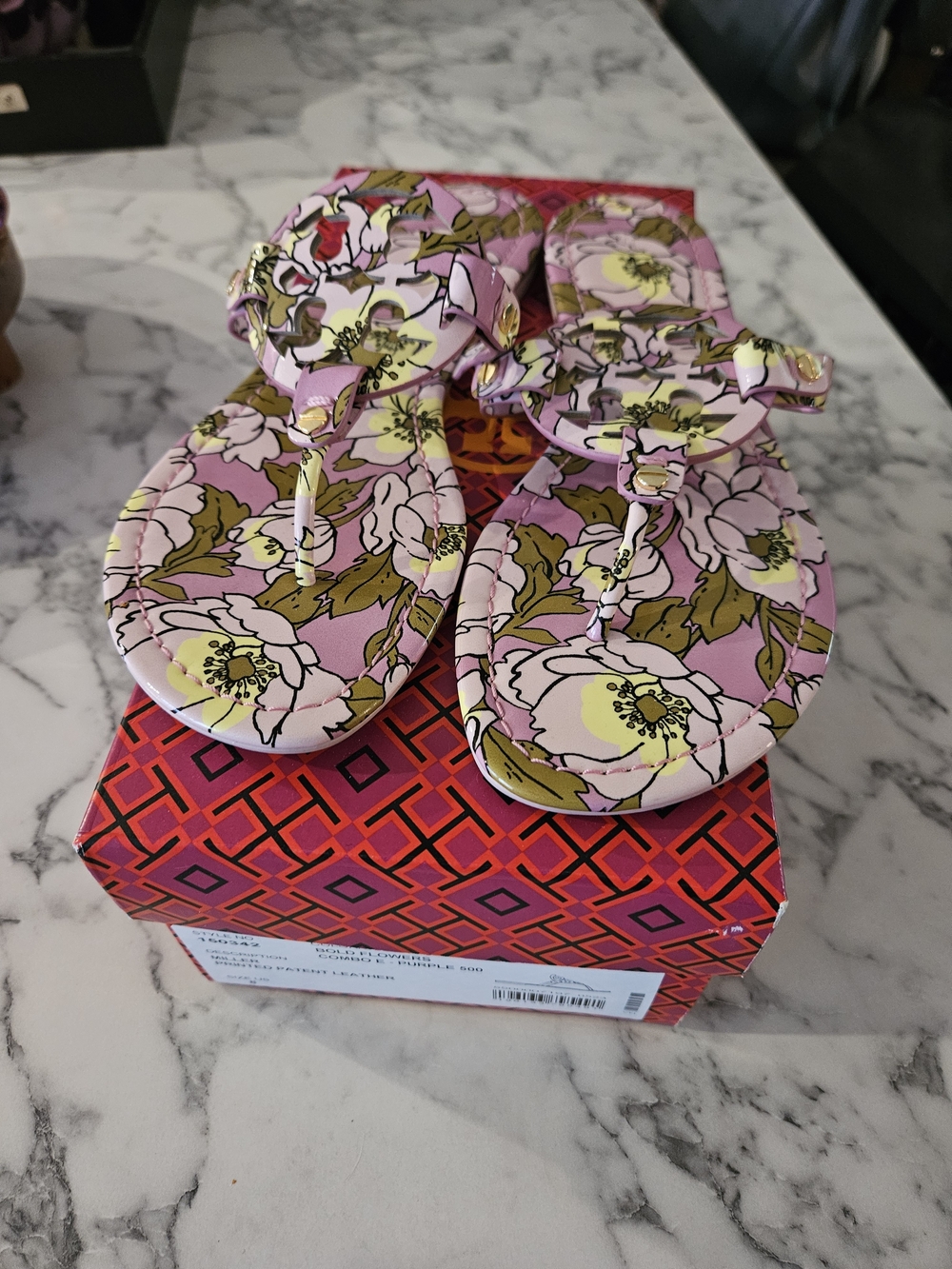Tory Burch Bold Flowers Purple T-Strap Sandals